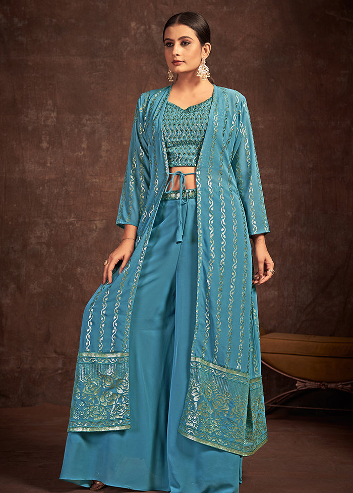 3 Pc Teal Blue Readymade Georgette Suit Set