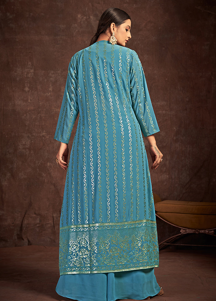 3 Pc Teal Blue Readymade Georgette Suit Set