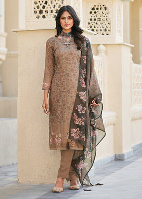 3 Pc Brown Semi Stitched Cotton Suit Set