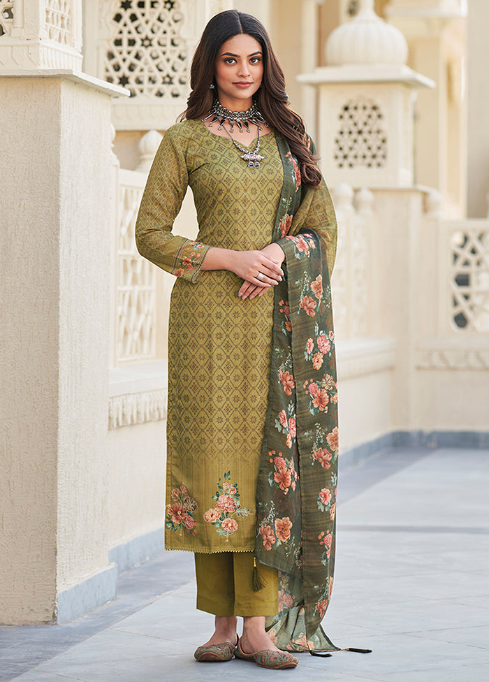 3 Pc Green Semi Stitched Cotton Suit Set