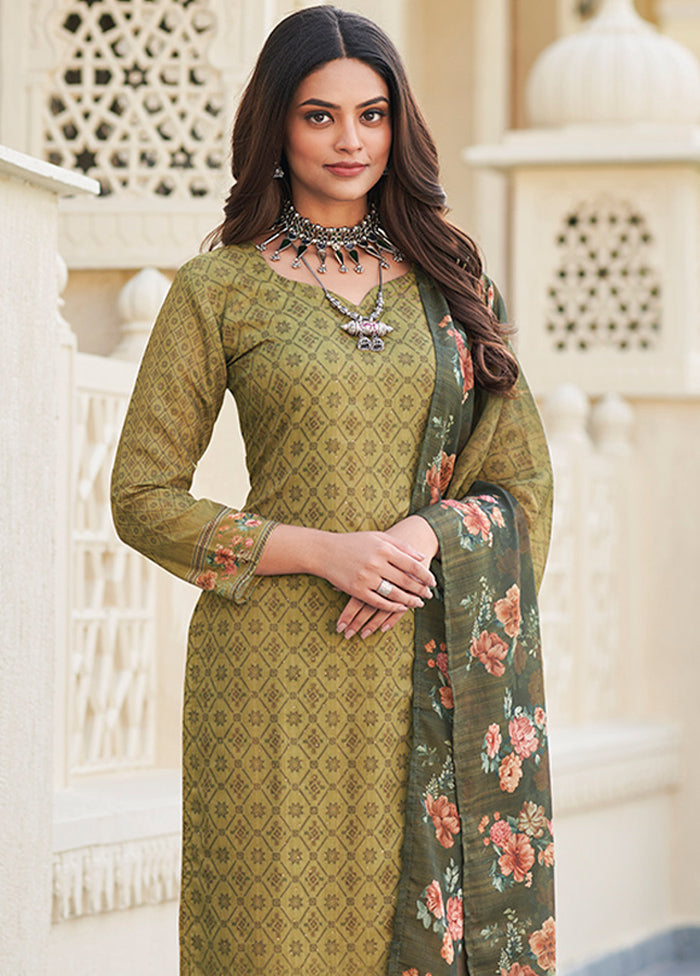 3 Pc Green Semi Stitched Cotton Suit Set