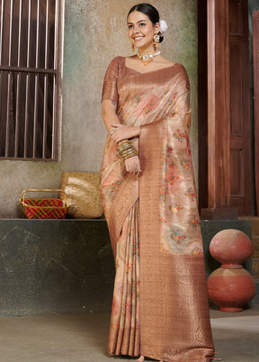 Peach Spun Silk Saree With Blouse Piece