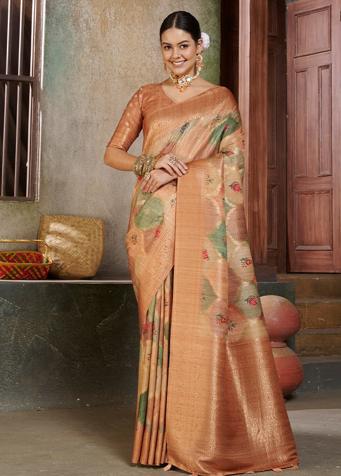 Peach Spun Silk Saree With Blouse Piece