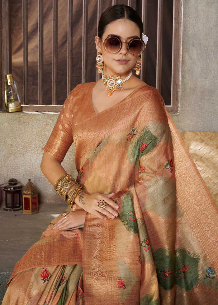 Peach Spun Silk Saree With Blouse Piece