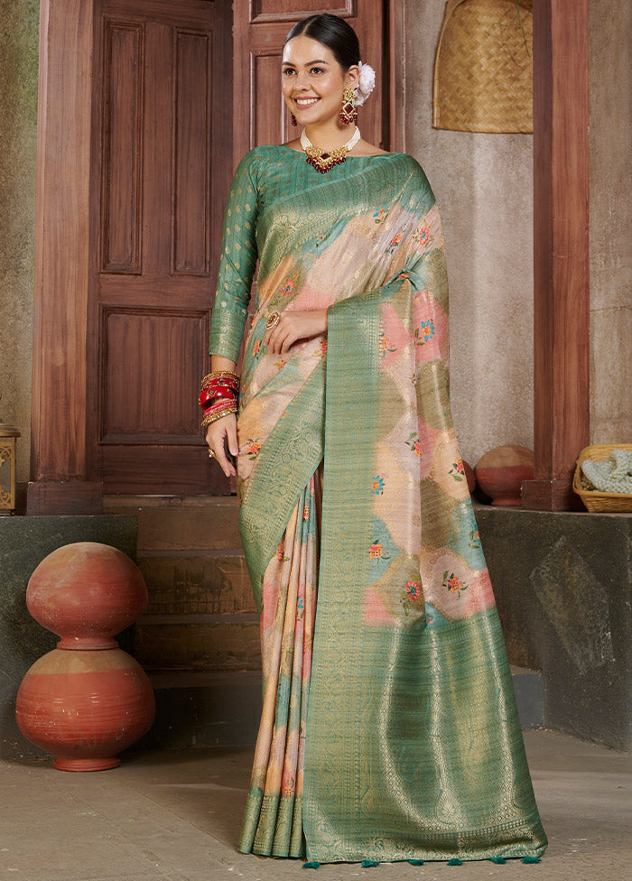 Green Spun Silk Saree With Blouse Piece