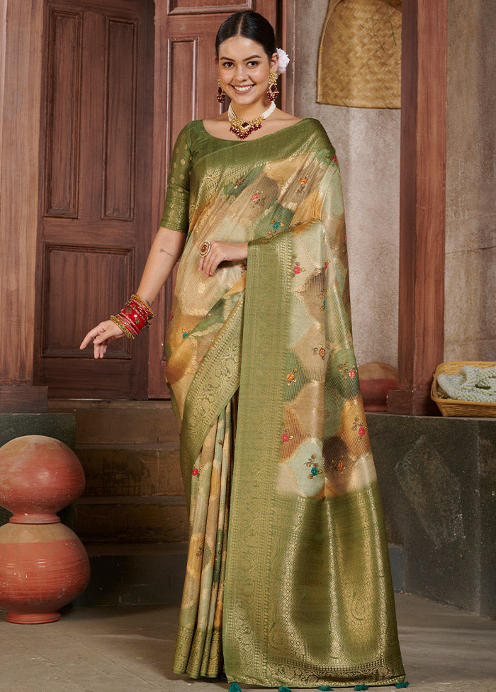 Mehendi Spun Silk Saree With Blouse Piece