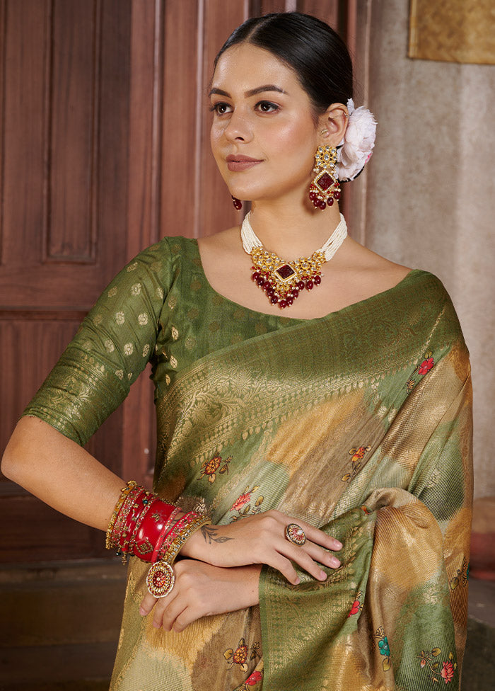 Mehendi Spun Silk Saree With Blouse Piece