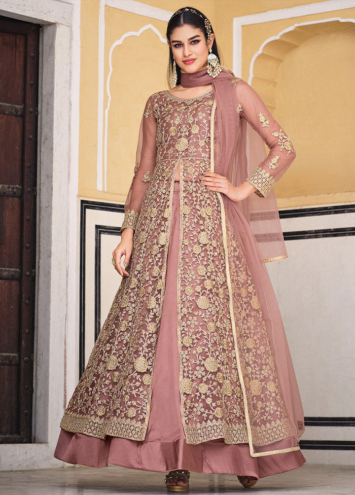 3 Pc Pink Semi Stitched Net Suit Set