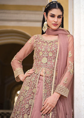 3 Pc Pink Semi Stitched Net Suit Set