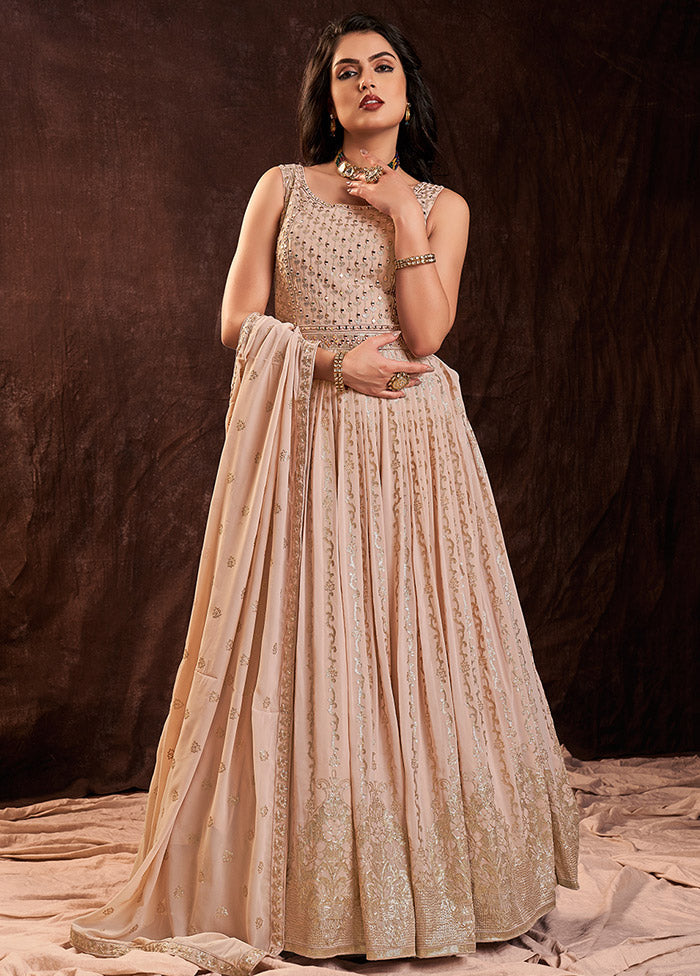 Peach Readymade Georgette Gown With Dupatta