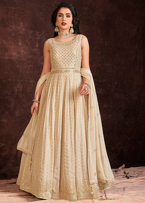 Cream Readymade Georgette Gown With Dupatta