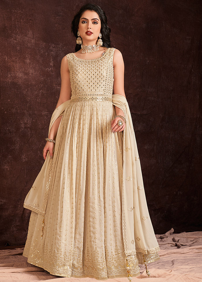 Cream Readymade Georgette Gown With Dupatta