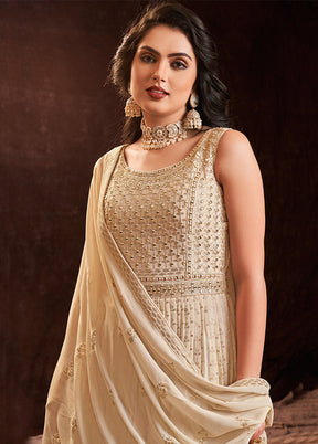 Cream Readymade Georgette Gown With Dupatta