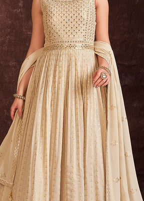 Cream Readymade Georgette Gown With Dupatta