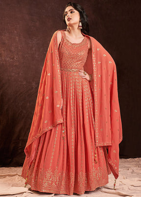 Orange Readymade Georgette Gown With Dupatta