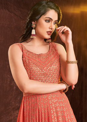 Orange Readymade Georgette Gown With Dupatta