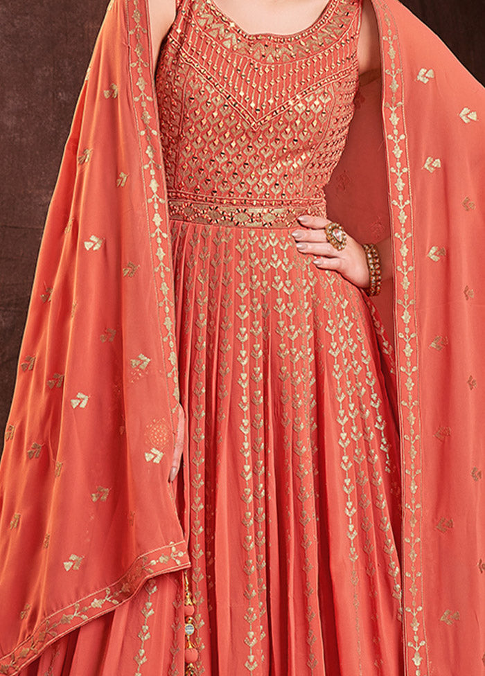 Orange Readymade Georgette Gown With Dupatta