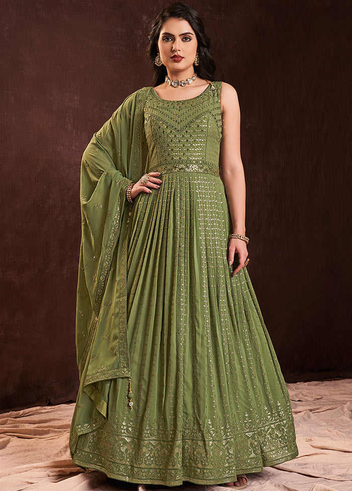 Green Readymade Georgette Gown With Dupatta