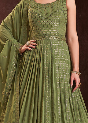 Green Readymade Georgette Gown With Dupatta