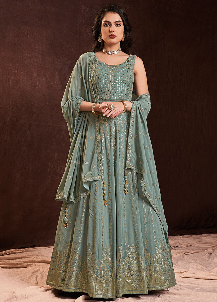 Olive Green Readymade Georgette Gown With Dupatta