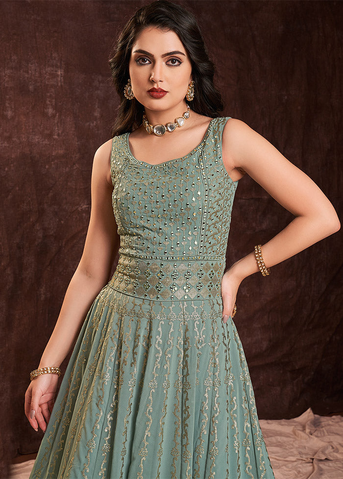 Olive Green Readymade Georgette Gown With Dupatta