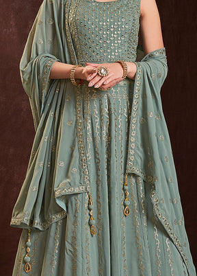 Olive Green Readymade Georgette Gown With Dupatta