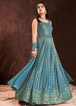 Blue Readymade Georgette Gown With Dupatta