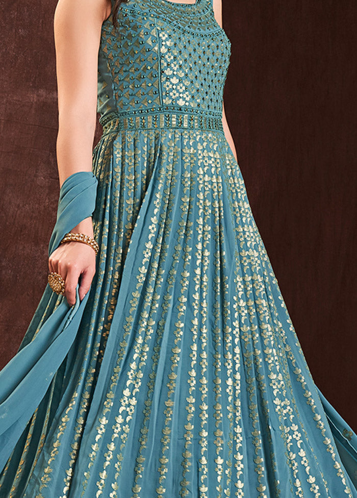 Blue Readymade Georgette Gown With Dupatta