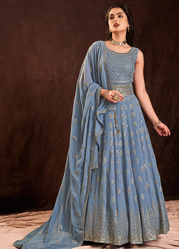 Blue Readymade Georgette Gown With Dupatta