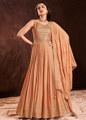 Peach Readymade Georgette Gown With Dupatta