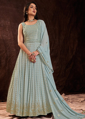 Light Blue Readymade Georgette Gown With Dupatta