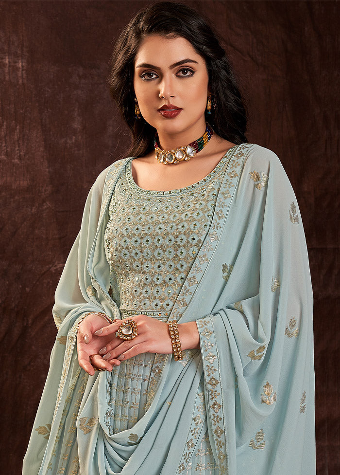 Light Blue Readymade Georgette Gown With Dupatta