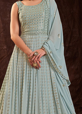 Light Blue Readymade Georgette Gown With Dupatta