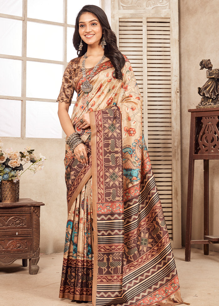 Cream Spun Silk Saree With Blouse Piece