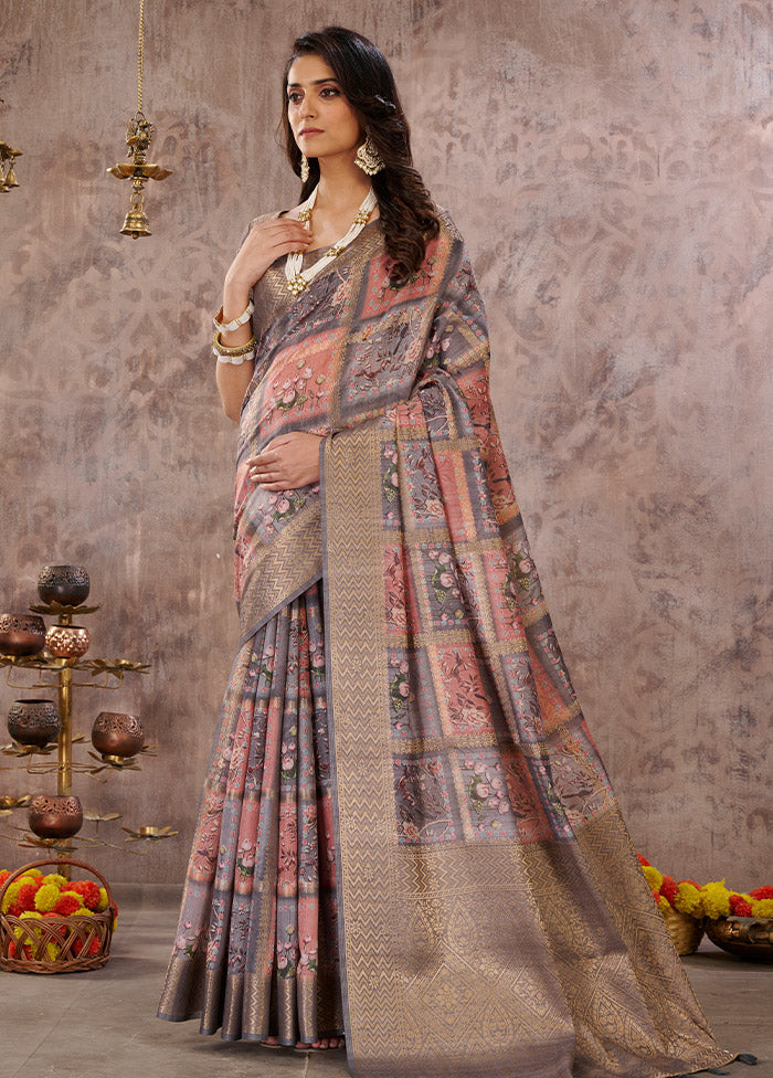 Grey Cotton Saree With Blouse Piece