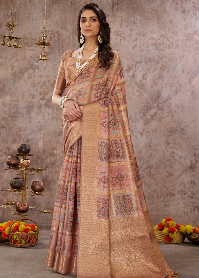 Peach Cotton Saree With Blouse Piece