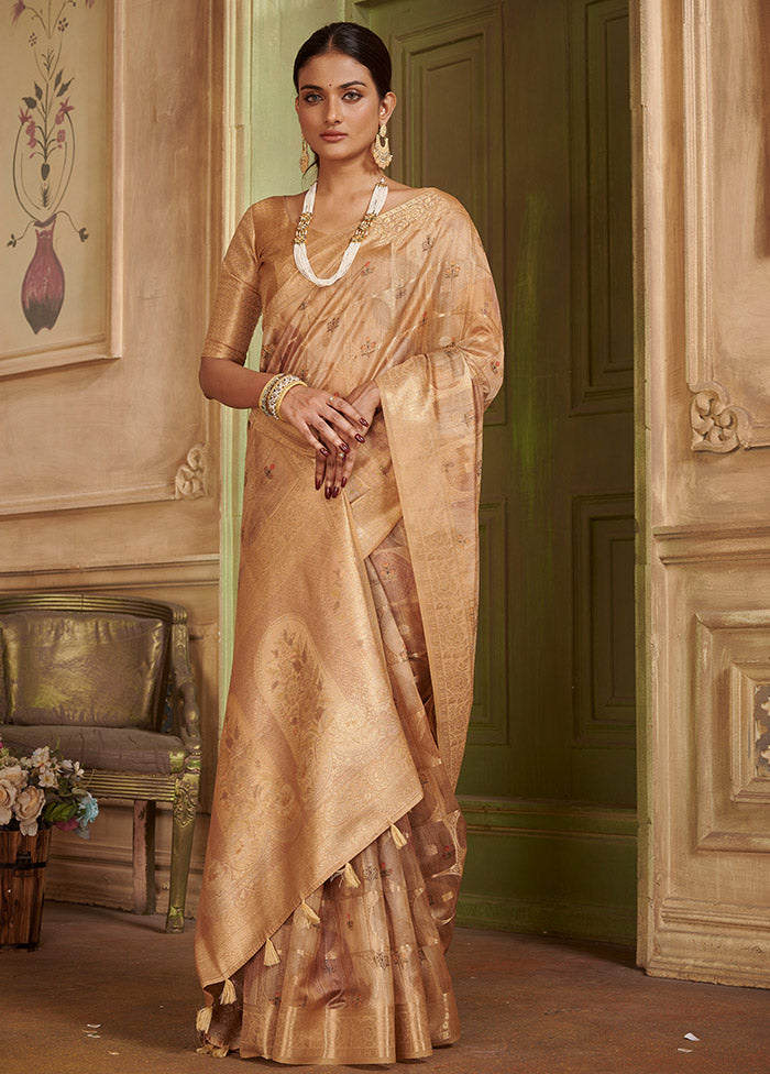 Peach Kora Silk Saree With Blouse Piece