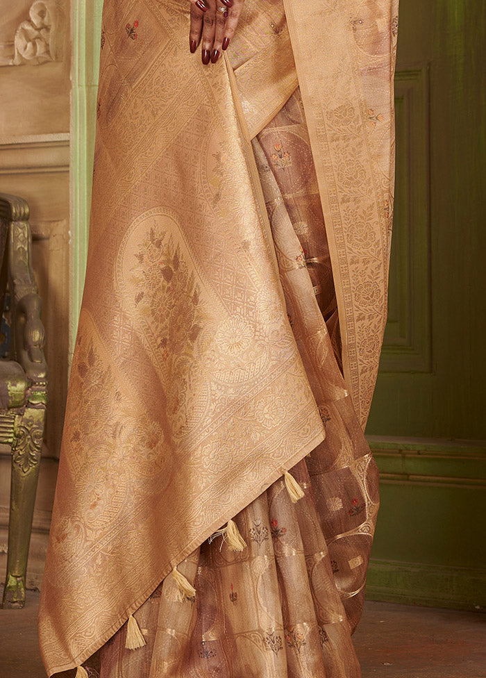 Peach Kora Silk Saree With Blouse Piece