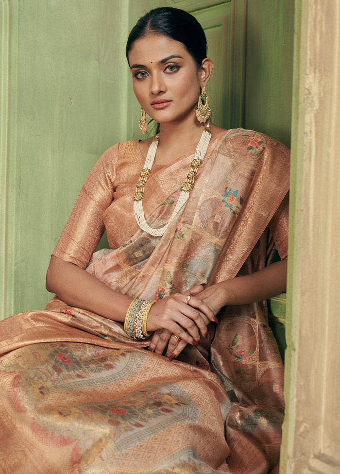 Beige Kora Silk Saree With Blouse Piece