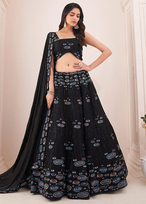 3 Pc Black Semi Stitched Georgette Lehenga Set