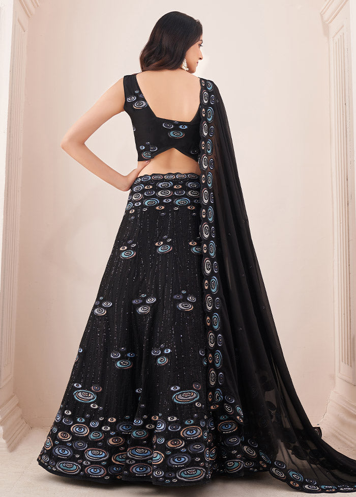 3 Pc Black Semi Stitched Georgette Lehenga Set