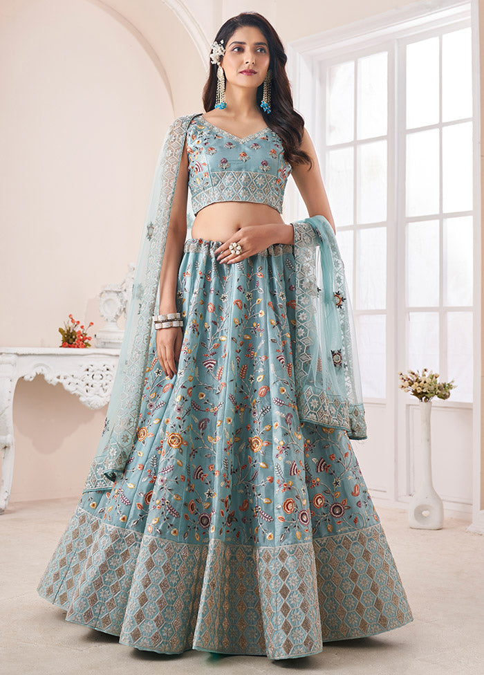 3 Pc Turquoise Semi Stitched Silk Lehenga Set