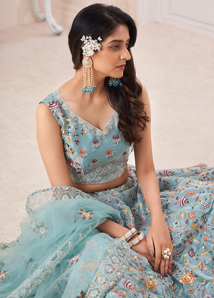 3 Pc Turquoise Semi Stitched Silk Lehenga Set