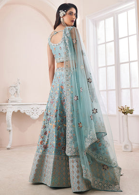 3 Pc Turquoise Semi Stitched Silk Lehenga Set