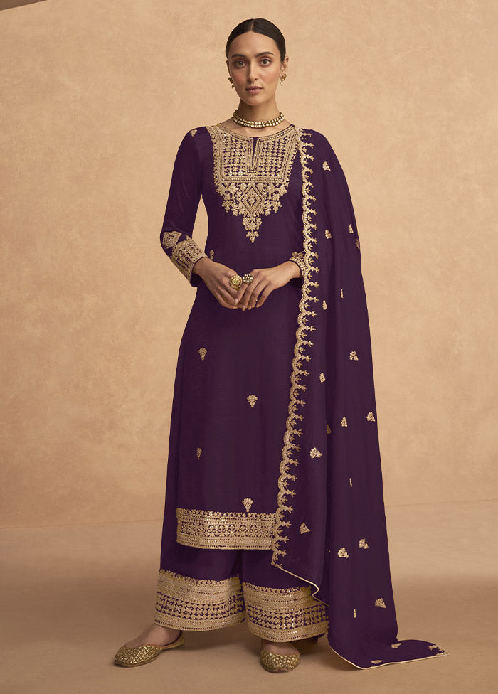 3 Pc Purple Semi Stitched Georgette Suit Set