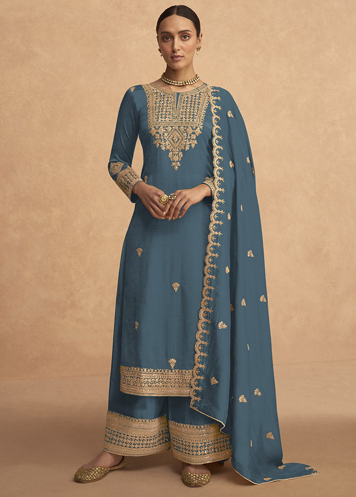 3 Pc Blue Semi Stitched Georgette Suit Set