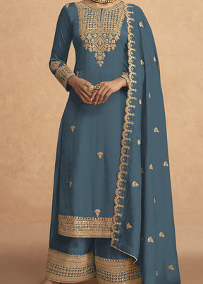 3 Pc Blue Semi Stitched Georgette Suit Set