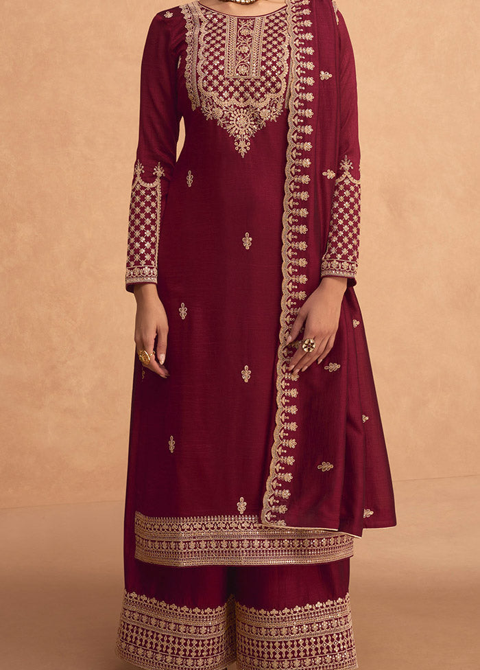 3 Pc Maroon Semi Stitched Georgette Suit Set