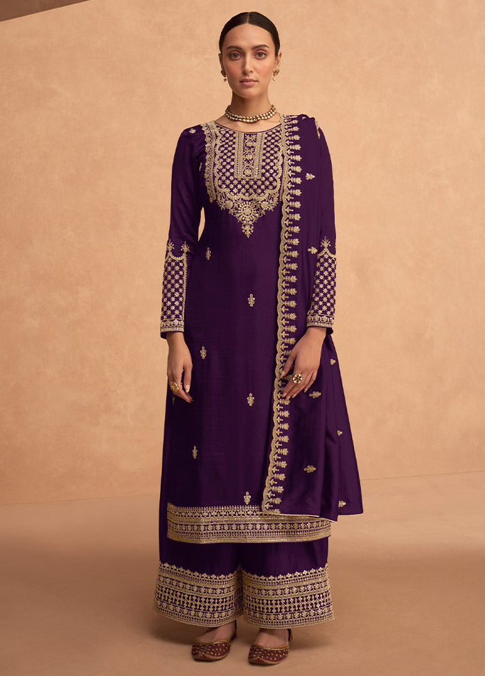 3 Pc Purple Semi Stitched Georgette Suit Set