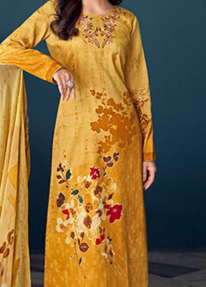 3 Pc Yellow Semi Stitched Silk Suit Set